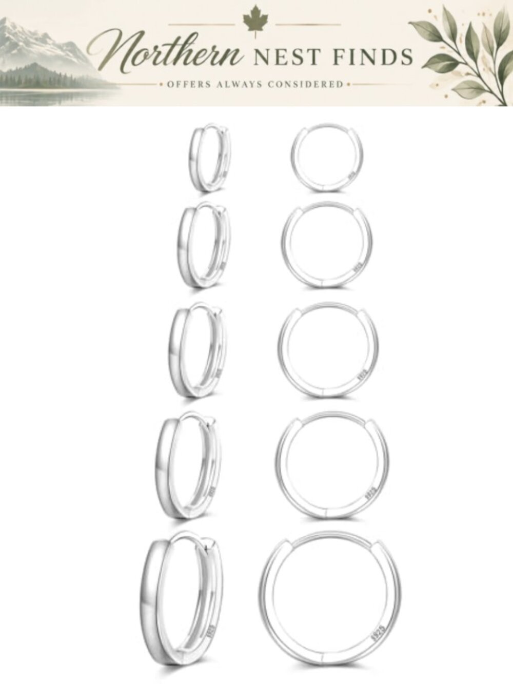 Sterling Silver Hoop Earrings Set 5 Pairs Hypoallergenic Huggie